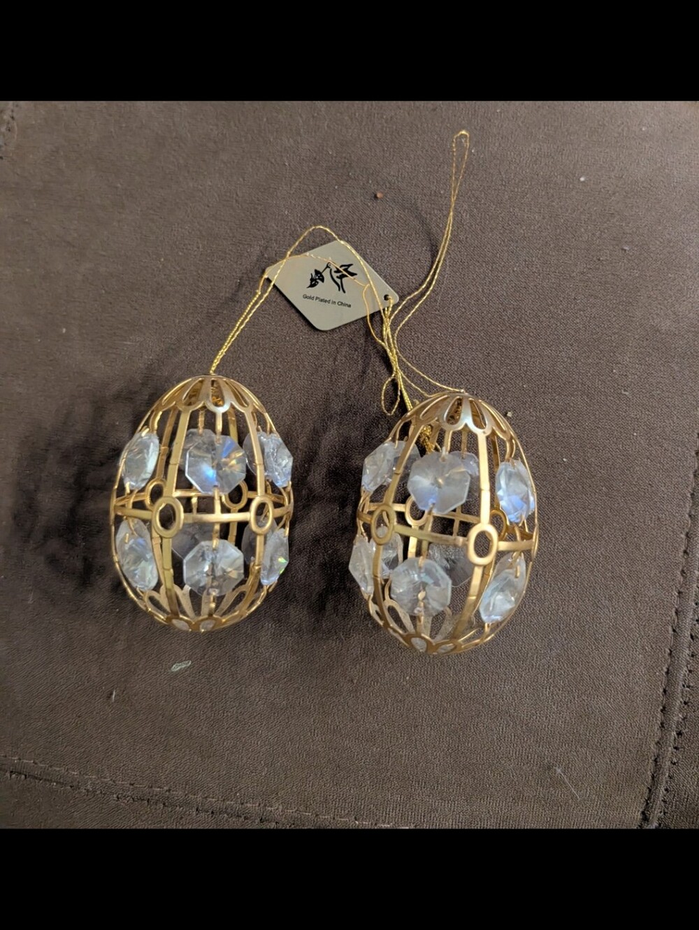 Gold-Tone Filigree Egg Ornaments with Iridescent Crystals